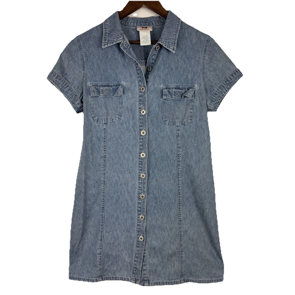 Vintage Faded Glory Denim Dress Womens 10 Button Front Short Sleeve Cottage 00s